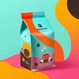 A unique coffee packaging design featuring a modern, artistic approach with vibrant, eye-catching colors