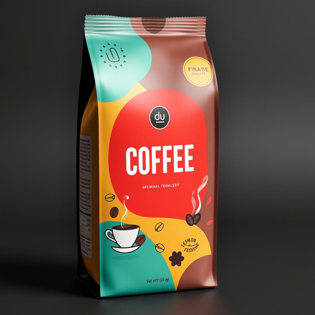 A unique coffee packaging design featuring a modern, artistic approach with vibrant, eye-catching colors