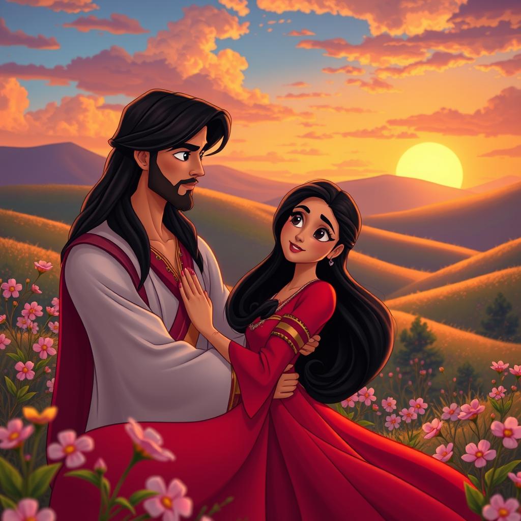 An enchanting animated scene depicting Layla and Majnu from classic Persian poetry, set in a lush, vibrant landscape at sunset