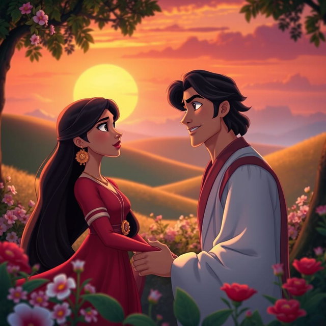 An enchanting animated scene depicting Layla and Majnu from classic Persian poetry, set in a lush, vibrant landscape at sunset