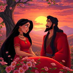 An enchanting animated scene depicting Layla and Majnu from classic Persian poetry, set in a lush, vibrant landscape at sunset