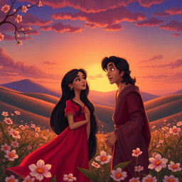 An enchanting animated scene depicting Layla and Majnu from classic Persian poetry, set in a lush, vibrant landscape at sunset