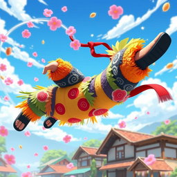 A dynamic animated scene inspired by Naruto, featuring a colorful pinata character designed as a ninja