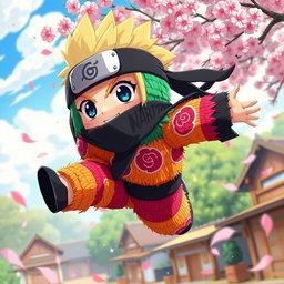 A dynamic animated scene inspired by Naruto, featuring a colorful pinata character designed as a ninja