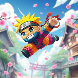 A dynamic animated scene inspired by Naruto, featuring a colorful pinata character designed as a ninja