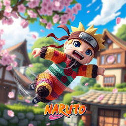 A dynamic animated scene inspired by Naruto, featuring a colorful pinata character designed as a ninja