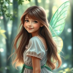 A portrait of a girl with long flowing hair, smiling gently, wearing a whimsical outfit in soft colors