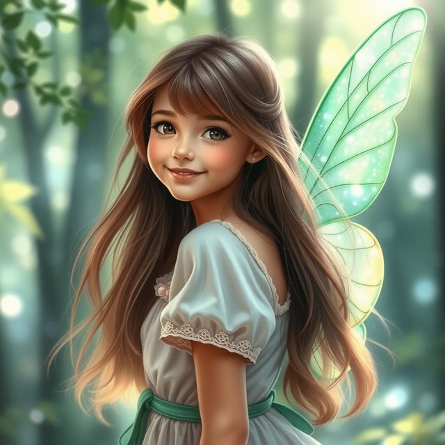 A portrait of a girl with long flowing hair, smiling gently, wearing a whimsical outfit in soft colors
