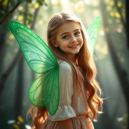 A portrait of a girl with long flowing hair, smiling gently, wearing a whimsical outfit in soft colors