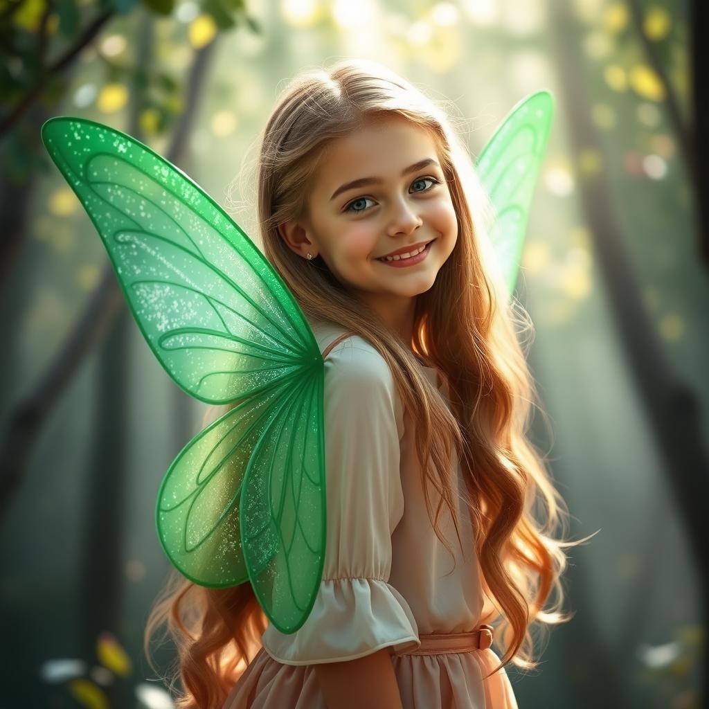 A portrait of a girl with long flowing hair, smiling gently, wearing a whimsical outfit in soft colors