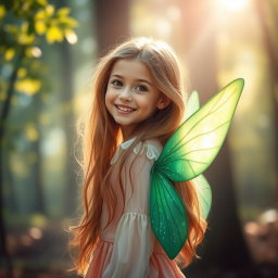 A portrait of a girl with long flowing hair, smiling gently, wearing a whimsical outfit in soft colors