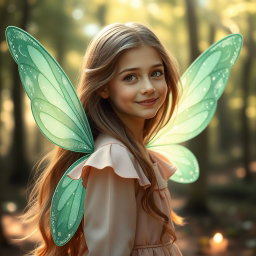 A portrait of a girl with long flowing hair, smiling gently, wearing a whimsical outfit in soft colors