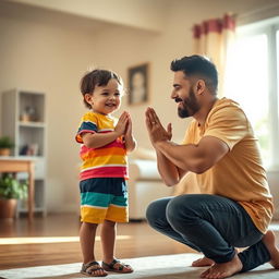 A wholesome scene depicting a young child respectfully greeting their father with a traditional hand gesture known as 'mano'