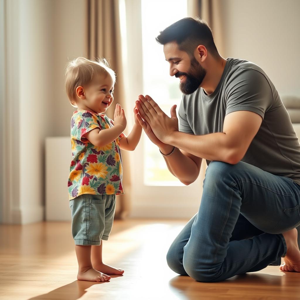 A wholesome scene depicting a young child respectfully greeting their father with a traditional hand gesture known as 'mano'