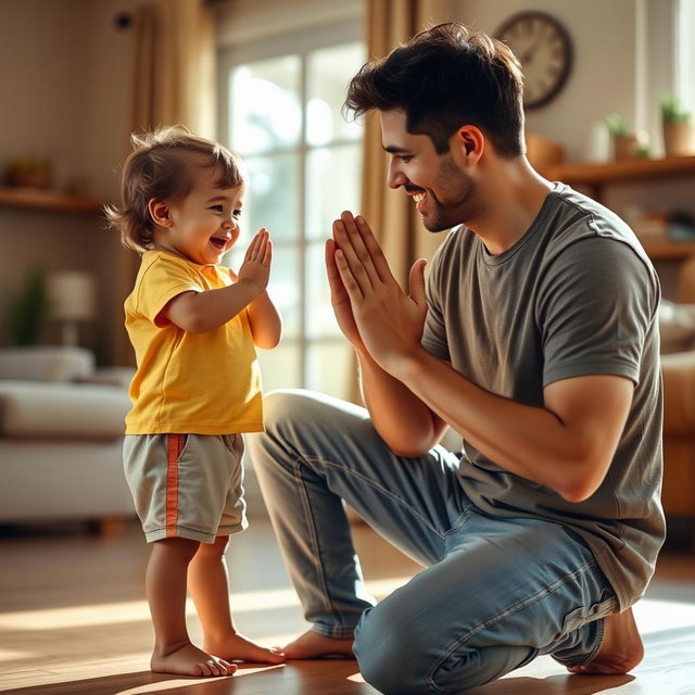 A wholesome scene depicting a young child respectfully greeting their father with a traditional hand gesture known as 'mano'