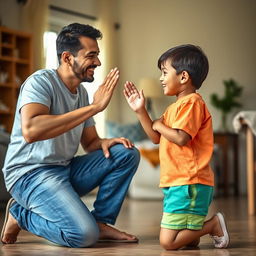 A wholesome scene depicting a young child respectfully greeting their father with a traditional hand gesture known as 'mano'