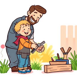 A cheerful clipart-style image illustrating a young child helping their father with a task
