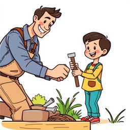 A cheerful clipart-style image illustrating a young child helping their father with a task