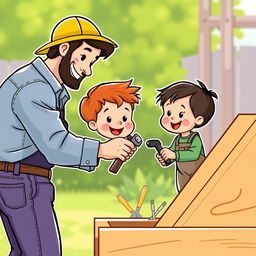 A cheerful clipart-style image illustrating a young child helping their father with a task