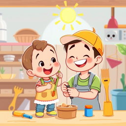 A cute and engaging clipart illustration featuring a young child assisting their father with a fun task