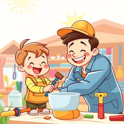 A cute and engaging clipart illustration featuring a young child assisting their father with a fun task