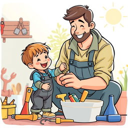 A cute and engaging clipart illustration featuring a young child assisting their father with a fun task