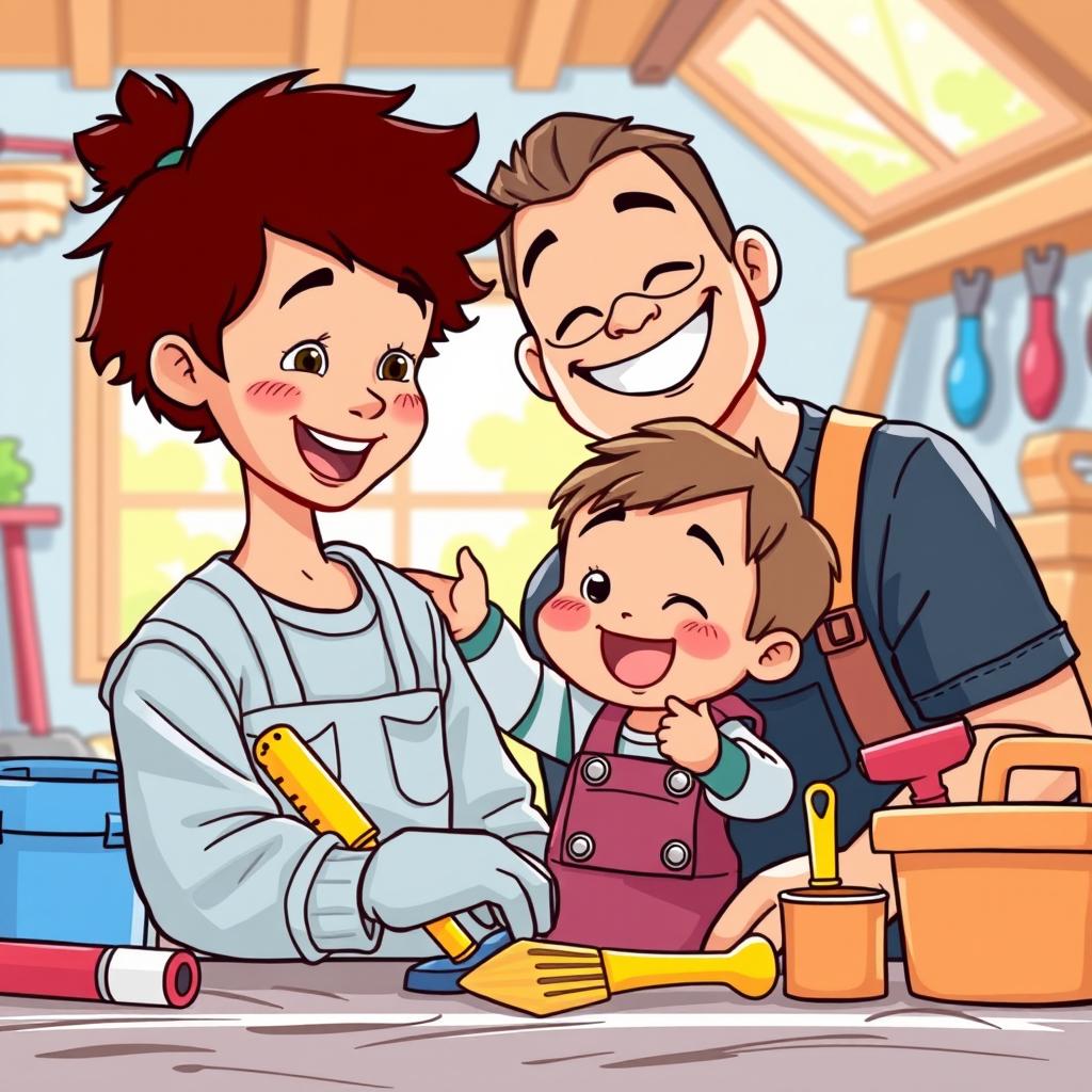 A cute and engaging clipart illustration featuring a young child assisting their father with a fun task