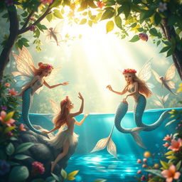 A whimsical scene depicting beautiful fairies and graceful mermaids interacting harmoniously in a vibrant magical forest