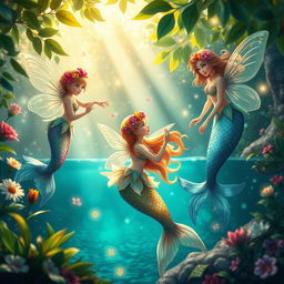 A whimsical scene depicting beautiful fairies and graceful mermaids interacting harmoniously in a vibrant magical forest