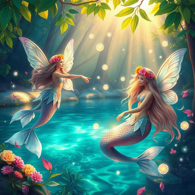 A whimsical scene depicting beautiful fairies and graceful mermaids interacting harmoniously in a vibrant magical forest