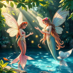 A whimsical scene depicting beautiful fairies and graceful mermaids interacting harmoniously in a vibrant magical forest