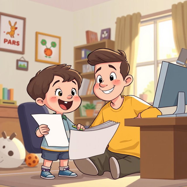A cartoon illustration of a young child helping their father with work