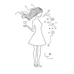 A stylized silhouette of a female figure on a white background, composed of flowing lines of code, intricate circuits, and various social media icons