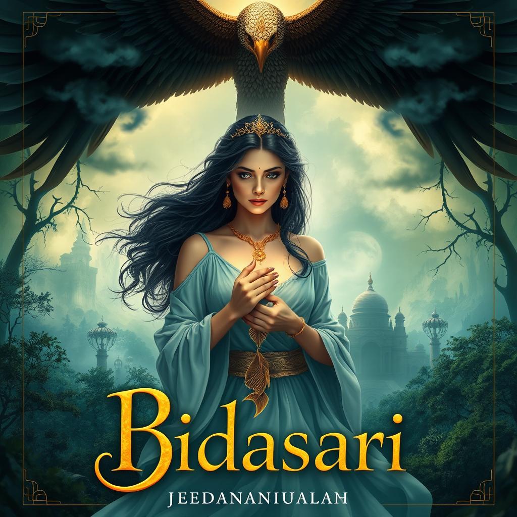 A stunning book cover featuring Bidasari in a central, ethereal pose, delicately holding a golden fish necklace that symbolizes her mystical connection to life and death