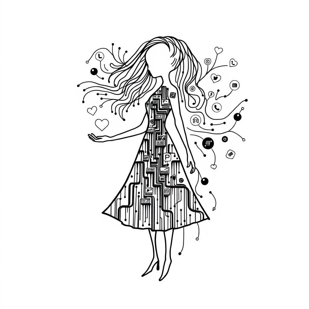 A stylized silhouette of a female figure on a white background, composed of flowing lines of code, intricate circuits, and various social media icons