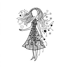 A stylized silhouette of a female figure on a white background, composed of flowing lines of code, intricate circuits, and various social media icons