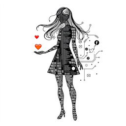 A stylized silhouette of a female figure on a white background, composed of flowing lines of code, intricate circuits, and various social media icons