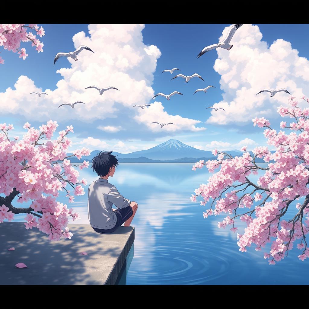 An ultra high detailed anime image depicting a boy sitting on a lakeside ledge, surrounded by cherry blossoms and Sakura trees