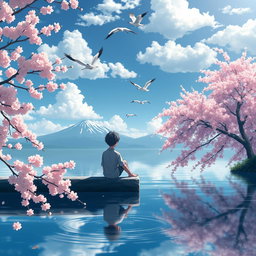 An ultra high detailed anime image depicting a boy sitting on a lakeside ledge, surrounded by cherry blossoms and Sakura trees