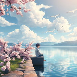 An ultra high detailed anime image depicting a boy sitting on a lakeside ledge, surrounded by cherry blossoms and Sakura trees