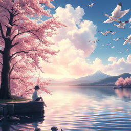 An ultra high detailed anime image depicting a boy sitting on a lakeside ledge, surrounded by cherry blossoms and Sakura trees