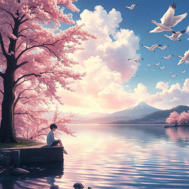 An ultra high detailed anime image depicting a boy sitting on a lakeside ledge, surrounded by cherry blossoms and Sakura trees