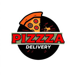 A logo design for a pizza delivery business, featuring a stylized pizza slice with melted cheese and toppings, surrounded by a circular border