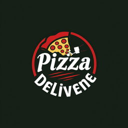 A logo design for a pizza delivery business, featuring a stylized pizza slice with melted cheese and toppings, surrounded by a circular border