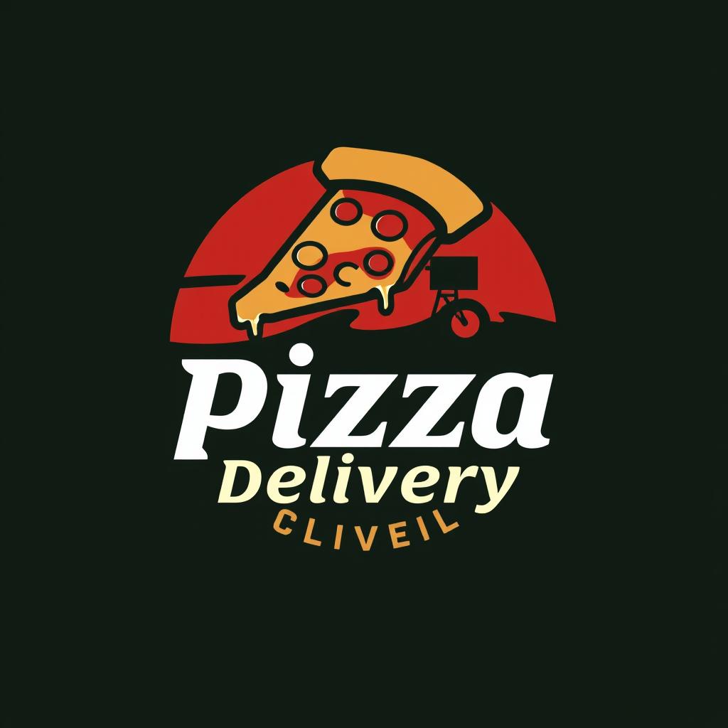 A logo design for a pizza delivery business, featuring a stylized pizza slice with melted cheese and toppings, surrounded by a circular border