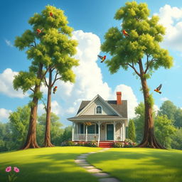 A serene landscape featuring a charming house surrounded by lush greenery