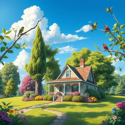 A serene landscape featuring a charming house surrounded by lush greenery