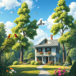 A serene landscape featuring a charming house surrounded by lush greenery