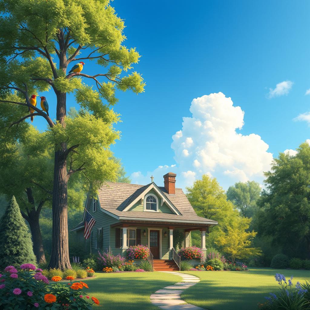 A serene landscape featuring a charming house surrounded by lush greenery