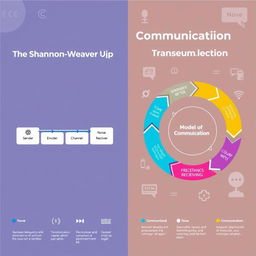 A visually engaging infographic illustrating the Shannon-Weaver Model of Communication on the left side, featuring a linear flowchart with labeled components: Sender, Encoder, Channel, Decoder, Receiver, and Noise